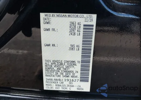 2020 Nissan Altima S Fwd z USA, uszkodzony, nr VIN 1N4BL4BV8LC191627